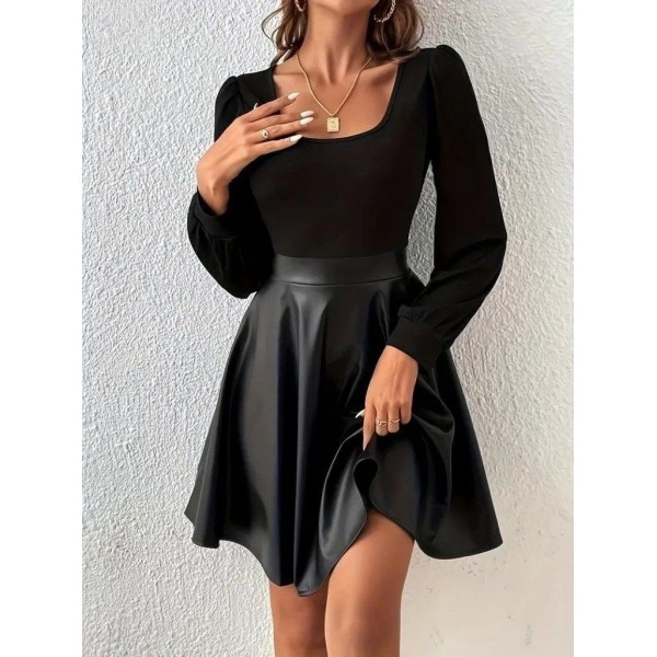 Kadın Uzun Kollu Kare Yaka üst Viskon Alt Deri Mini Elbise