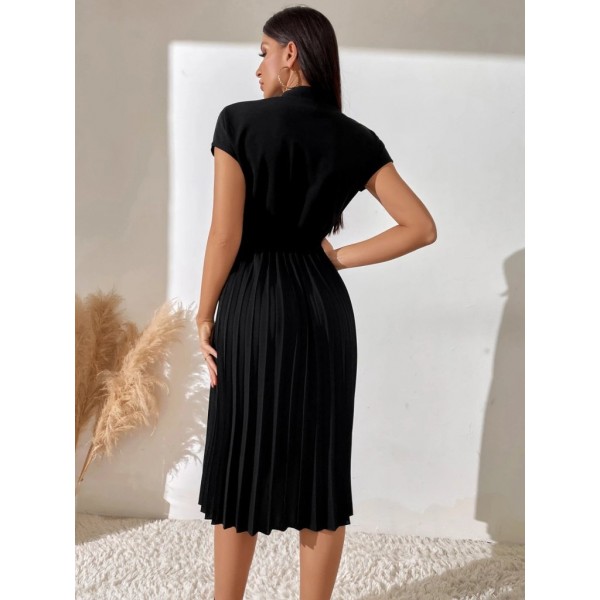 Kadın Kısa Kollu Hakim V Yakalı Pileli Janjan Krep Elbise