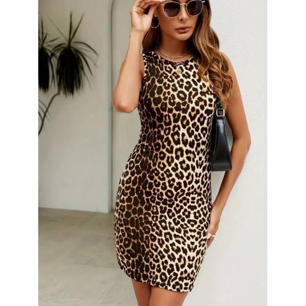 Kadın Askılı Yuvarlak Yaka Leopar Desenli Süprem Elbise
