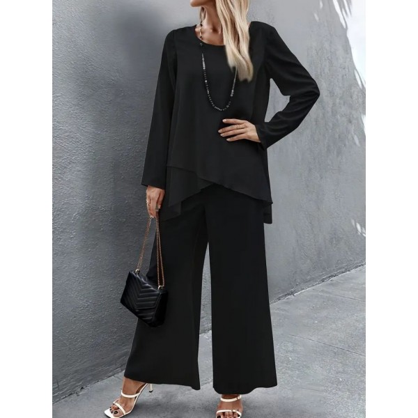 Kadın Uzun Kollu Asimetrik Detaylı Salaş Sandy Bluz Ve Pantolon Ikili Takım