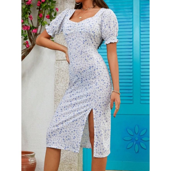Kadın Kısa Kolluyakası Büzgü Detay Kolu Lastikli çiçek Baskı Elbise