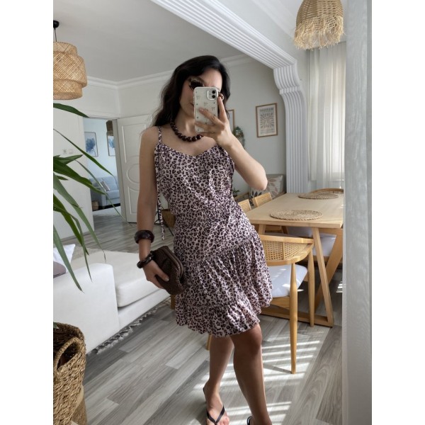 Kadın Askılı V Yaka Beli Pileli Leopar Desen Eteği Fırfırlı Süprem Elbise