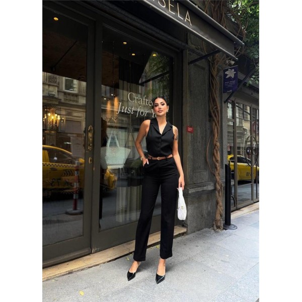 KETEN DUBLE PAÇA DERİ TABA KEMERLİ PANTOLON - Siyah