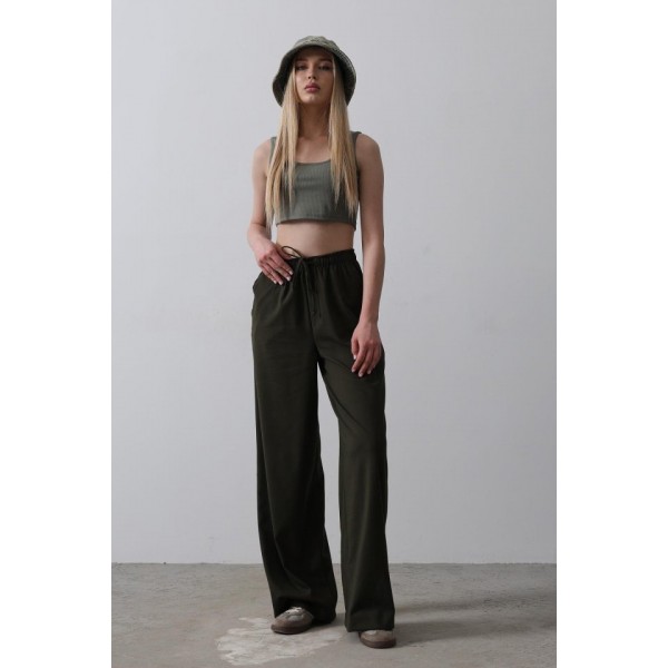 Beli Lastikli Bol Paça Pantolon - Koyu Haki