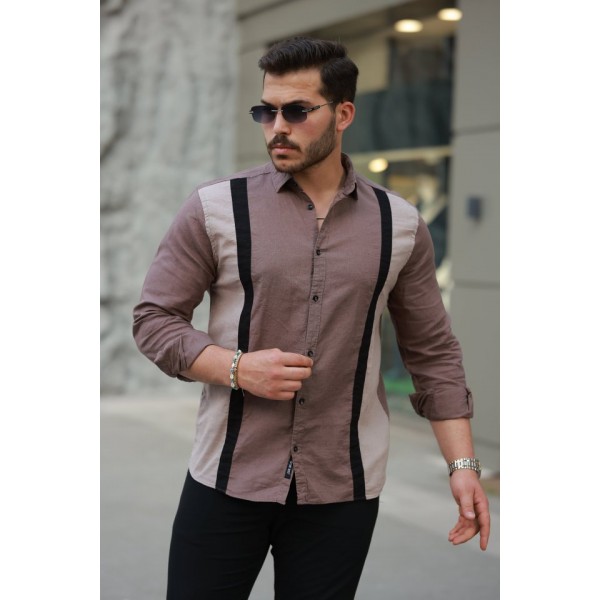 Erkek şerit Detaylı Uzun Kollu Pamuklu Keten Gömlek