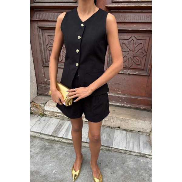 Gold Düğme Detaylı Yelek Şort Cotton Takım 10134-17