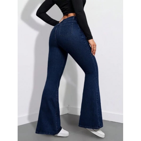 Kadın Yüksek Bel Cepli İspanyol Paçalı Kot Pantolon