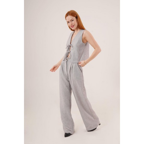 Ön Bağlama Detaylı Yelek Ve Pantolon Gri İkili Takım