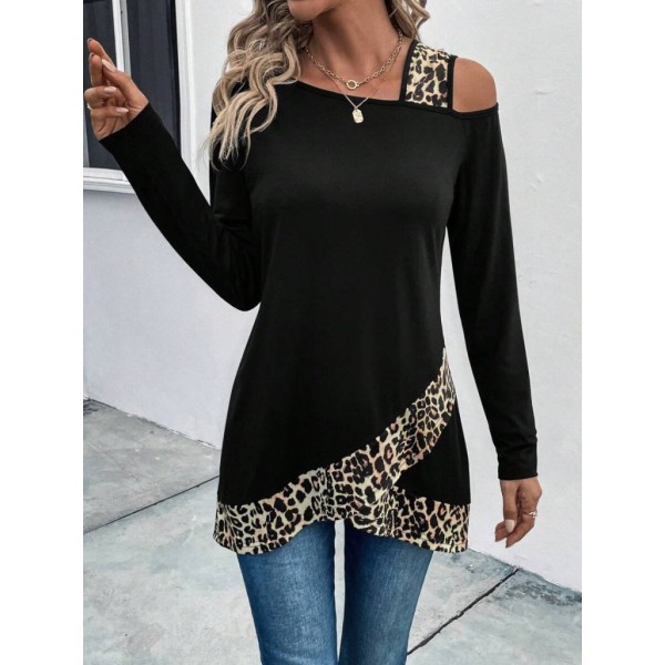 Kadın Tek O Uzdan Açık Askılı Uzun Kollu Leopar Detaylı Viskon Bluz