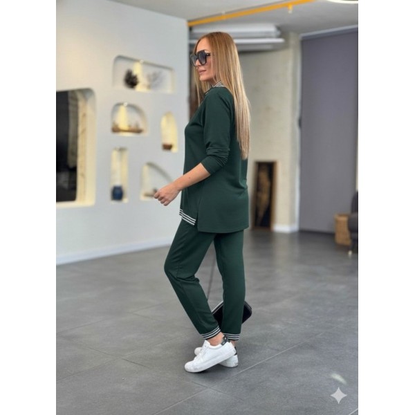 Kadın Uzun Kollu Fermuarlı şerit Detay Desenli Alt üst Ikili Viskon Iki Iplik Takım