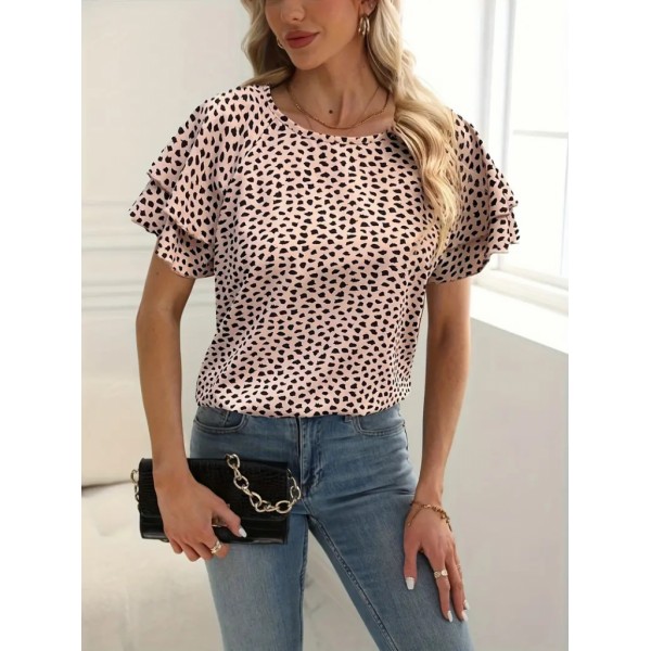 Kadın Kısa Kollu Kolları Volanlı Baskılı Süprem Bluz