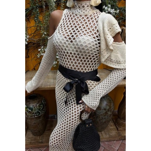 Saten Kuşaklı Ajurlu Triko Elbise 2847