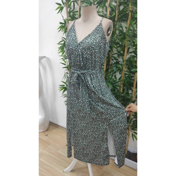 Kadın Ip Askılı Kruvaze Yakalı Yırtmaçlı Uzun Desenli Kuşaklı Süprem Elbise