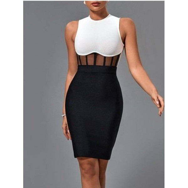 Kadın Bisiklet Yaka Kolsuz çift Renk Ve Bel Transparan Korse Detay Midi Boy Elbise