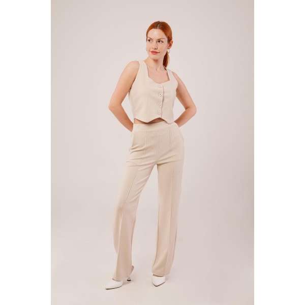 Kalın Askılı Düğmeli Yelek Ve Pantolon Bej Takım