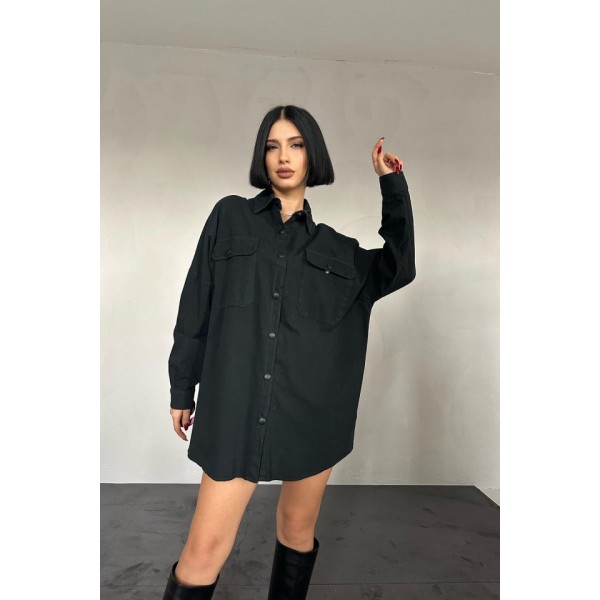 Siyah Çift Cep Kapaklı Çıtçıtlı Gömlek