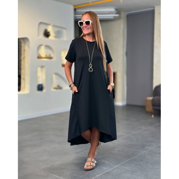 Kadın Kısa Kollu Bisiklet Yaka Asimetrik Kesim ön Viskon Arkası Trikoton Elbise