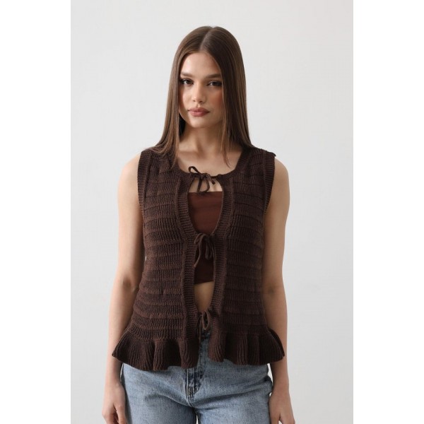 Önü Bağlamalı Yelek - Kahve
