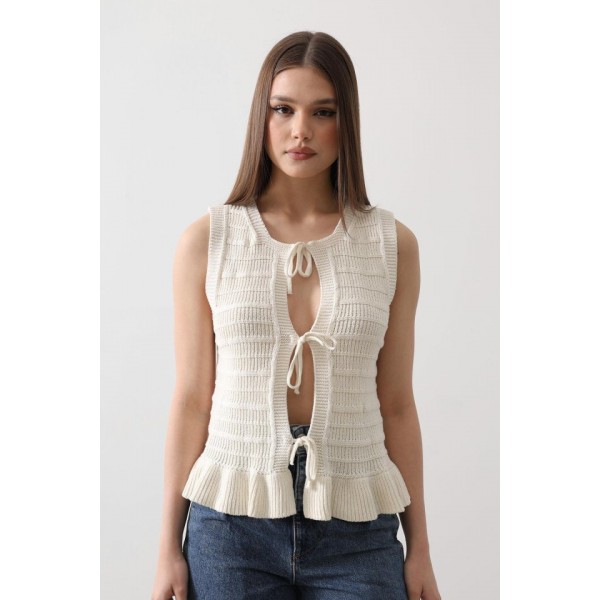 Önü Bağlamalı Yelek - Ekru