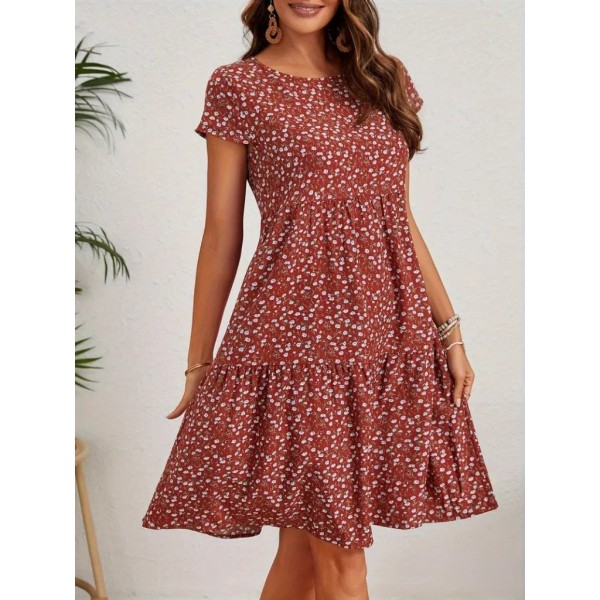 Kadın Kısa Kollu Bisiklet Yaka çiçek Desenli Süprem Elbise