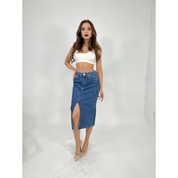 6478 DENİM MIDI SLIT SKIRT-MAVİ
