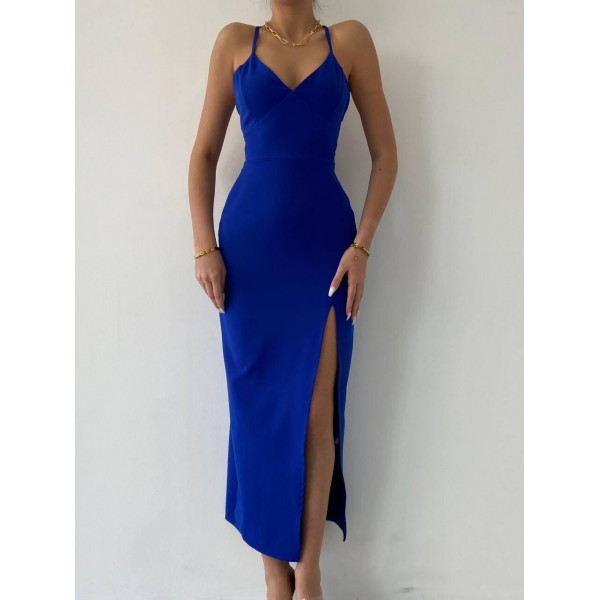 Kaitlyn Sırt Dekolteli V Yaka Yırtmaçlı Elbise