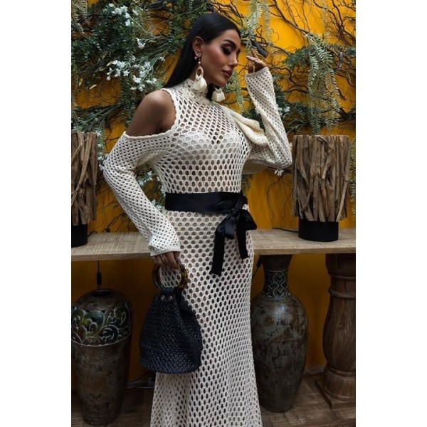 Saten Kuşaklı Ajurlu Triko Elbise 2847