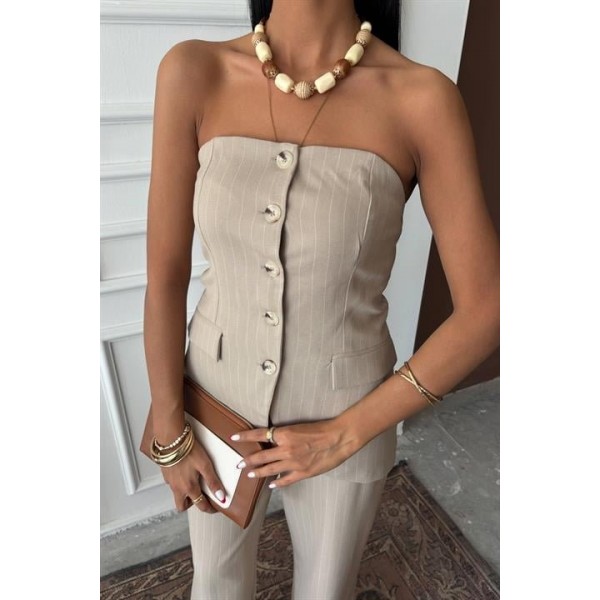 Straplez Büstiyerli Plazzo Pantolonlu Çizgili Takım 10151