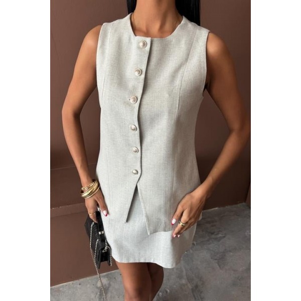 Uzun Yelek Mini Etek Flamlı Keten Takım 10148