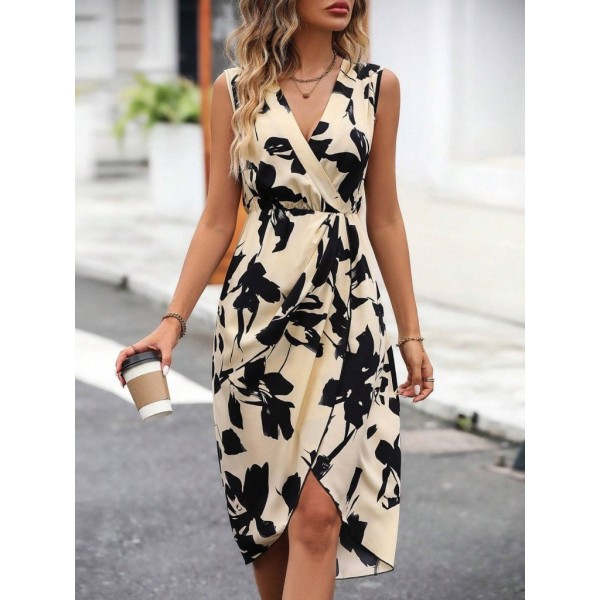 Kadın Sıfır Kol Kruvaze Yaka önden çapraz Kesim Detaylı Desenli Oysho Süprem Elbise