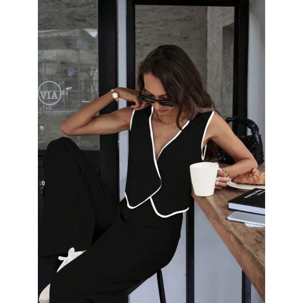 Kadın Kolsuz V Yakalı Düğmeli Ithal Krep Yelek Ve Pantolon Ikili Takım