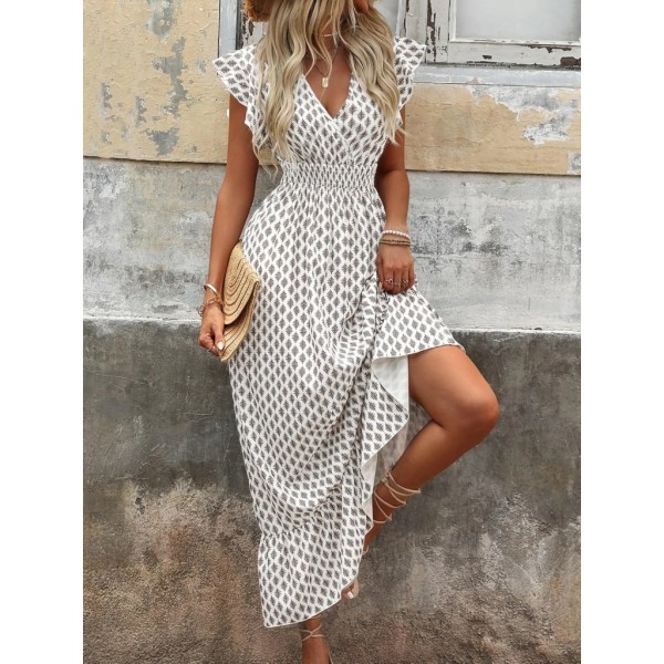 Kadın Kısa Kelebek Kollu Kruvaze Yakalı Desenli Süprem Elbise