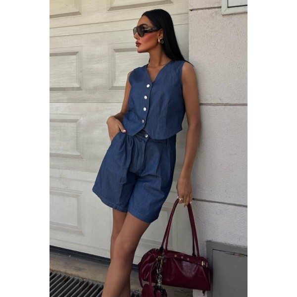 Gümüş Düğmeli Yelek Ve Şort Tensel Takım 10174