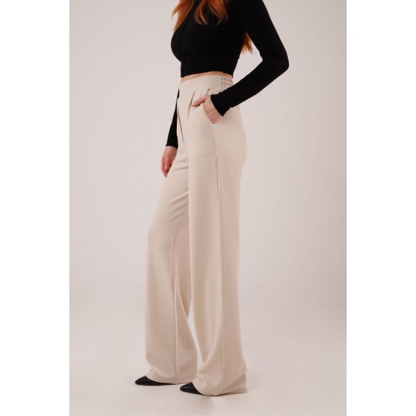 Yüksek Bel Bol Paça Krep Krem Pantolon
