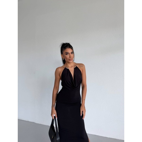 Kadın Boyun Aksesuarlı Halter Yaka Maxi Boy Sandy Kumaş Elbise