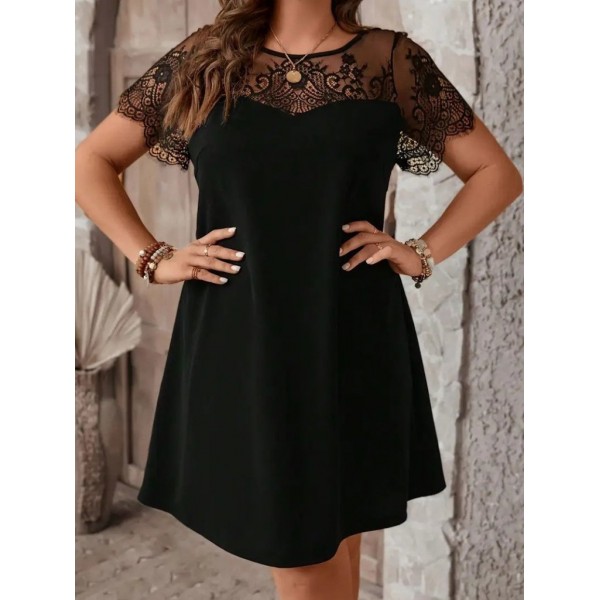 Kadın Kısa Kollu Dantel Bisiklet Yaka Ve Kol Dantel Detaylı Janjan Krep Elbise