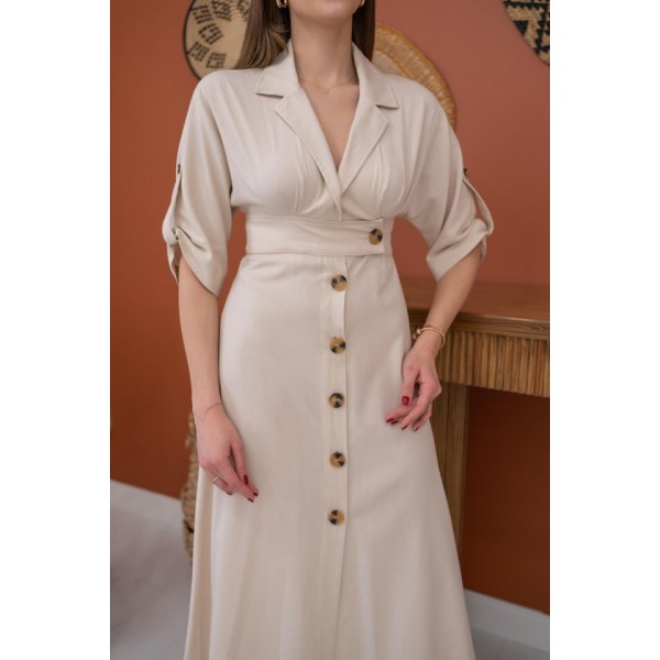 Bej Düğmeli Keten Elbise