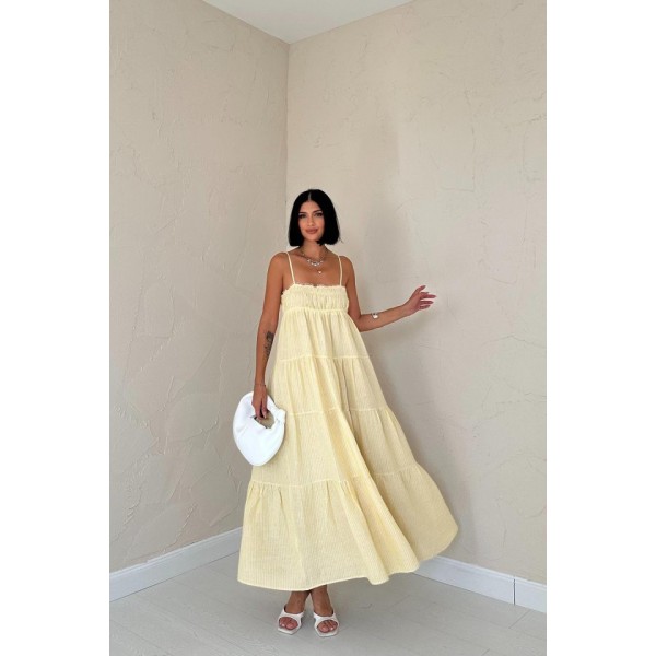Sarı Askılı Parçalı Çizgili Müslin Elbise