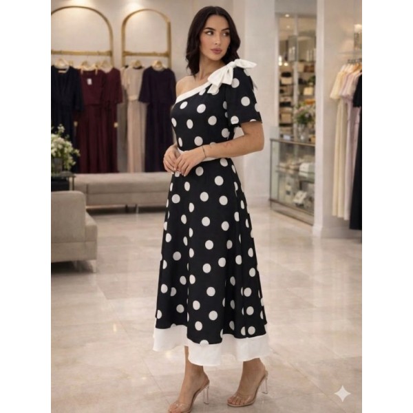 Kadın Omuz Dekolteli Fiyonk Ve Puantiye Detay Maxi Boy Elbise
