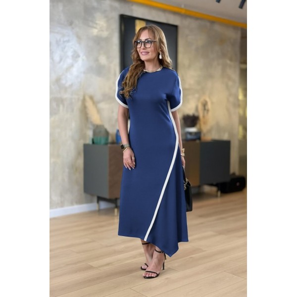 Kadın Kısa Kollu Bisiklet Yaka çift şerit Renk Detaylı Asimetrik Kesim Viskon Iki Iplik Elbise