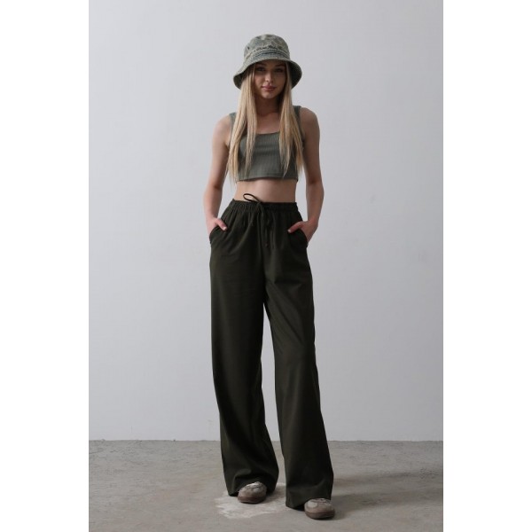 Beli Lastikli Bol Paça Pantolon - Koyu Haki