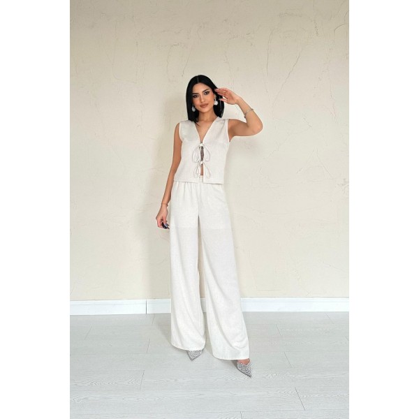 Bej Önü Fiyonklu Keten Takım