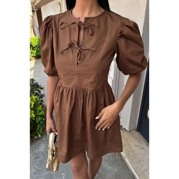 Önü Fiyonk Bağlamalı Ve Balon Kollu Elbise 2893