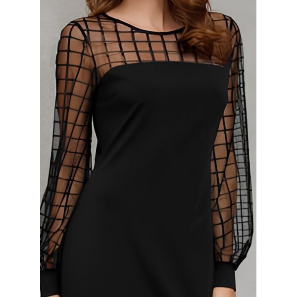 Kadın Uzun Kollu Geometrik Tül Detaylı Ithal Krep Elbise