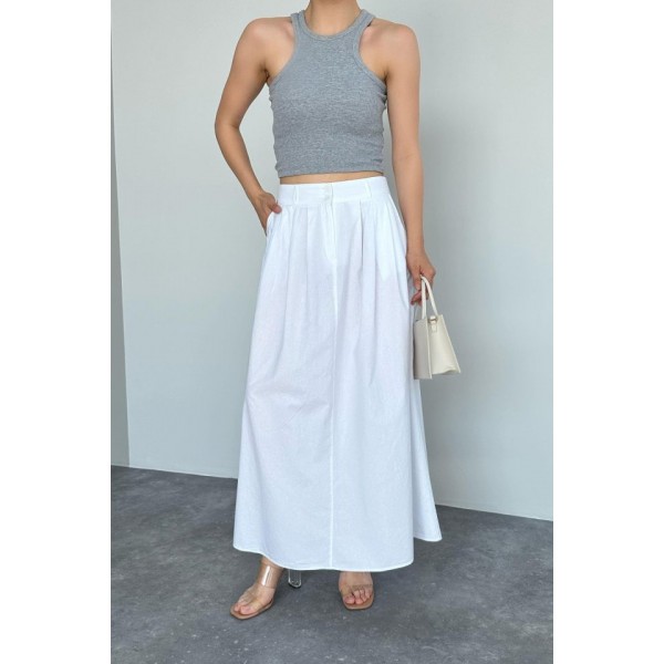 İnce Pileli Düz Etek - Beyaz