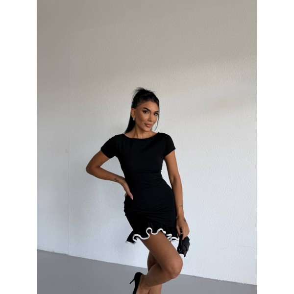 Kadın Kayık Yaka Kısa Kollu Eteği Olan Detay Dalgıç Kumaş Mini Elbise