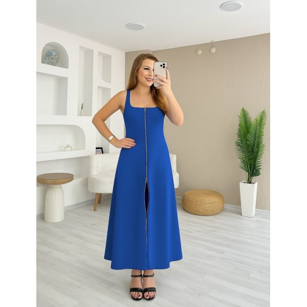 Kadın Askılı Kare Yaka önden Fermuarlı Geniş Kesim Janjan Krep Elbise