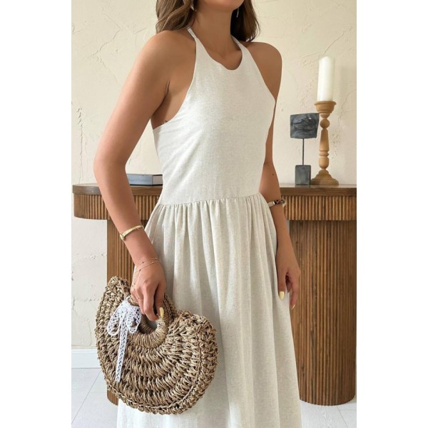 Bej Arkası Gipeli Keten Elbise