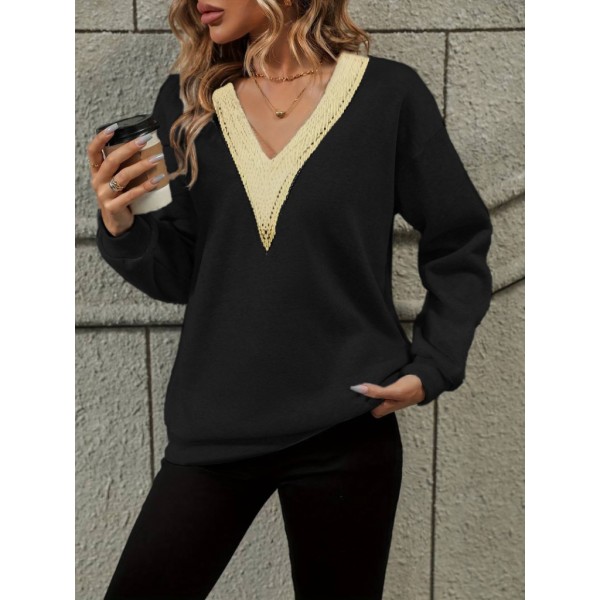 Kadın Uzun Kollu V Dantel Yaka şardonsuz üç Iplik Bluz