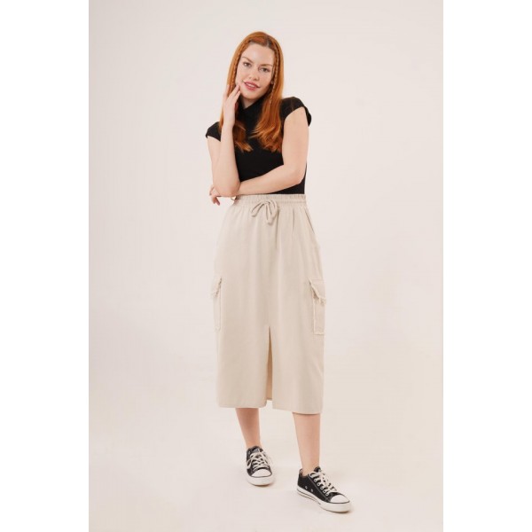 Ön Yırtmaçlı Cep Detaylı Krem Etek